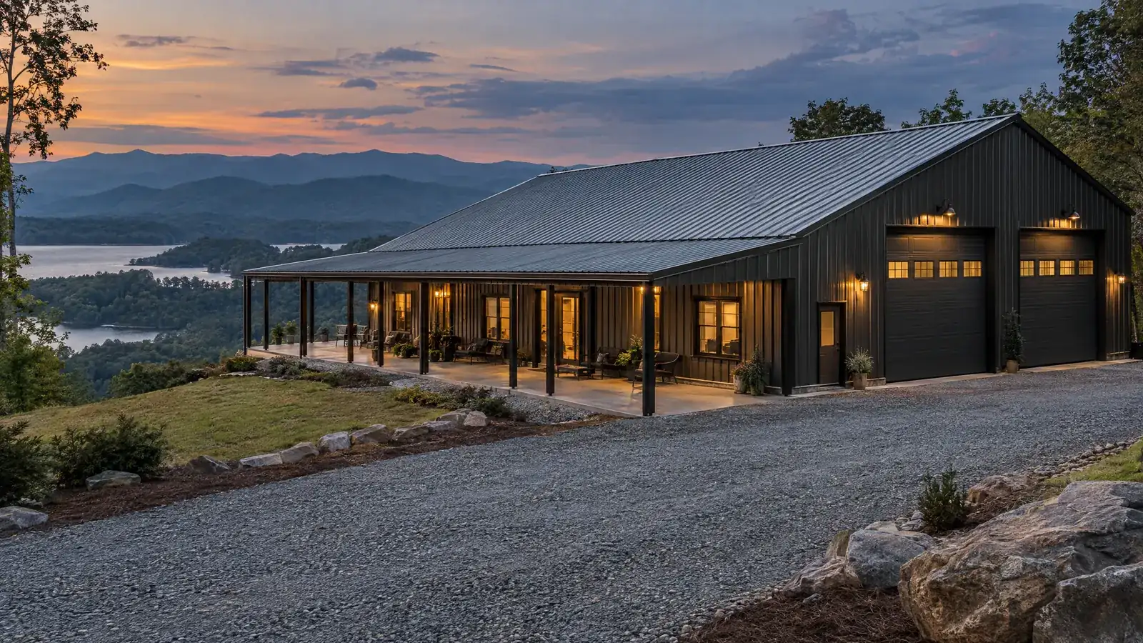 Finished steel barndominium shell with wraparound porch near Hiawassee (illustrative)